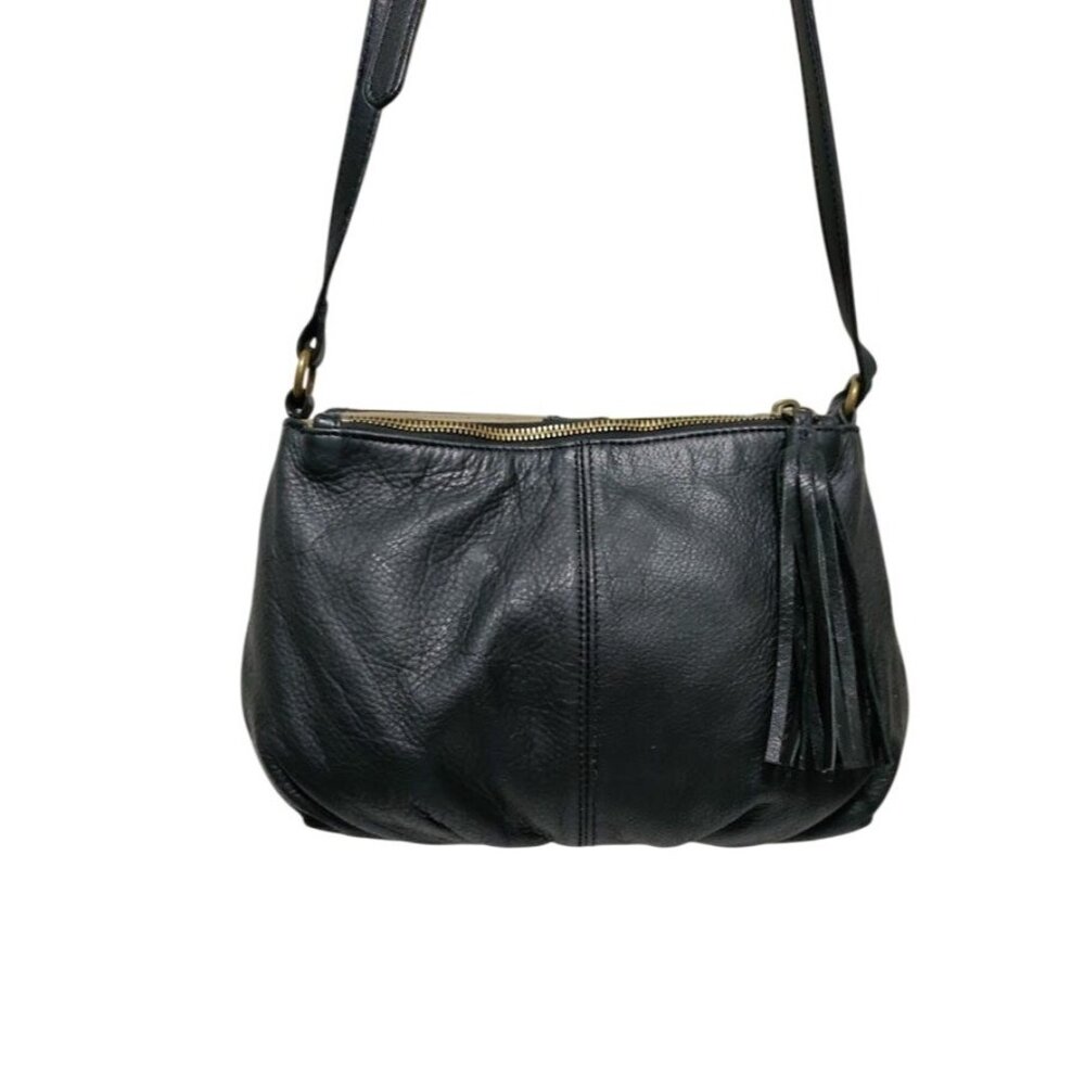 Margot Leather Adjustable Strap Shoulder Crossbody Black Bag with Tassel Accent